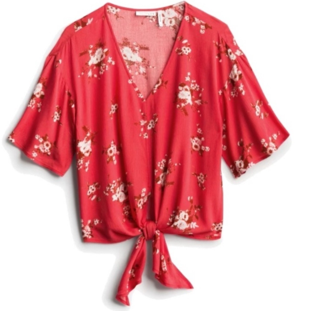 LUQ Bright Coral Red Floral Short Sleeve Crop Top With Tie At Waist Size Medium